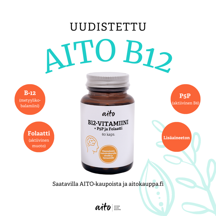 Aito B12-vitamiini + P5P ja Folaatti 60 kaps.