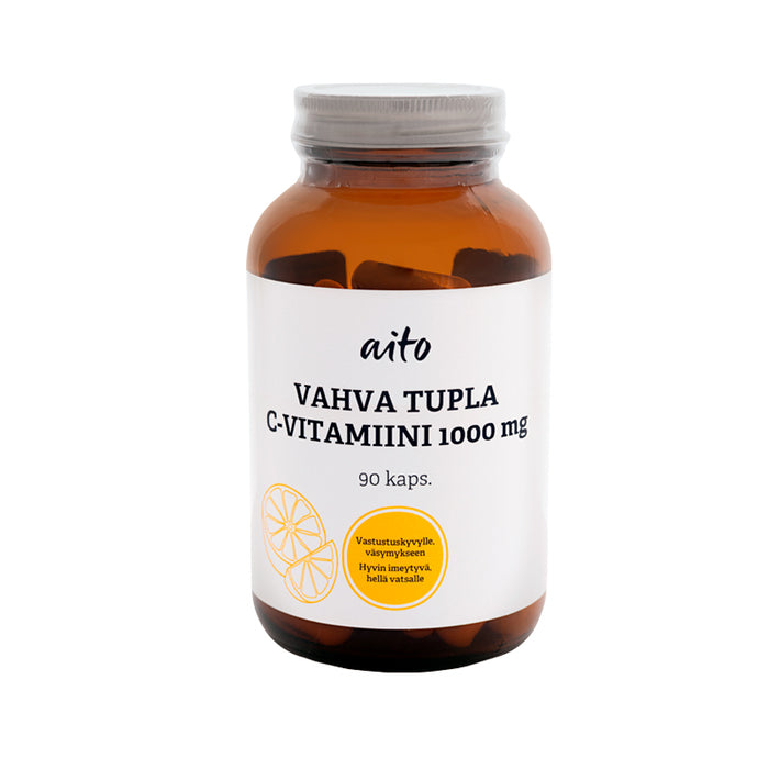 Aito vahva C-vitamiini tukee immuunijärjestelmän normaalia toimintaa, edistää normaalia kollageenin muodostumista ja auttaa vähentämään väsymystä ja uupumusta. Lisäksi C-vitamiini toimii antioksidanttina suojaten soluja hapettumisstressiltä, edistää raudan imeytymistä, tukee hermoston ja psykologisten toimintojen normaalia toimintaa sekä edistää normaalia energia-aineenvaihduntaa. 