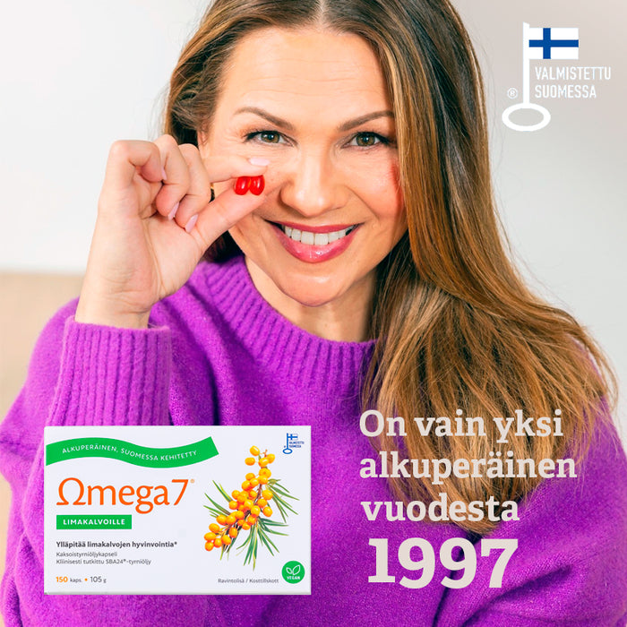 Alkuperäinen Omega7 SBA-kaksoistyrniöljykapseli limakalvoille. Omega-3, -6, -7 ja -9 -rasvahappoja optimaalisessa suhteessa. SBA24®-tyrniöljyn riittävät ja vakioidut A- ja E-vitamiinitasot takaavat tuotteen toimivuuden. Kehomme valmistaa tyrniöljyn beetakaroteenista A-vitamiinia, joka ylläpitää limakalvojen ja ihon hyvinvointia. E-vitamiini suojaa soluja oksidatiiviselta stressiltä