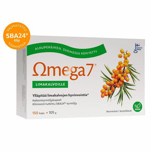Omega7 SBA-kaksoistyrniöljykapseli limakalvoille. Omega-3, -6, -7 ja -9 -rasvahappoja optimaalisessa suhteessa. SBA24®-tyrniöljyn riittävät ja vakioidut A- ja E-vitamiinitasot takaavat tuotteen toimivuuden. Kehomme valmistaa tyrniöljyn beetakaroteenista A-vitamiinia, joka ylläpitää limakalvojen ja ihon hyvinvointia. E-vitamiini suojaa soluja oksidatiiviselta stressiltä
