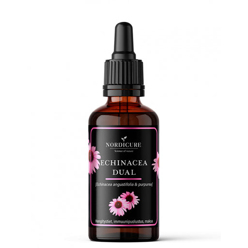 Echinacea Dual kasviuute sisältää Echinacea purpurean sekä angustifolian aktiiviset osat. Punahattu on perinteinen lääkinnällinen yrtti nuhakuumeen tukihoitoon ja ennaltaehkäisyyn