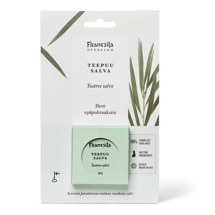 Teepuusalvan antimikrobinen teho vaikuttaa paikallisesti kasvojen, käsien ja vartalon epäpuhtauksiin. Salvassa yhdistyy eteerisen öljyn sekä propoliksen antimikrobinen vaikutus ja heinäratamon hoitava teho.