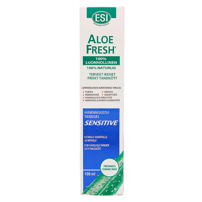ALOE FRESH SENSITIVE on fluoriton geelimäinen hammastahna, joka koostuu 100 % luonnollisista ainesosista. Se sisältää aloe veraa, merileväuutetta ja muita kasviuutteita, jotka soveltuvat erityisesti herkille hampaille ja ikenille. Ksylitoli auttaa palauttamaan suun normaalin pH-arvon, joka estää plakin muodostumista ja hampaiden reikiintymistä.
