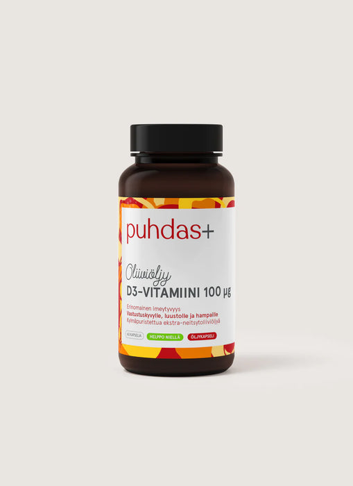 Puhdas+ D3-vitamiini  100 µg  120 kaps, Extra-neitsytoliiviöljyssä// pvm 4.7.2024